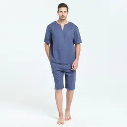 Mens Natural Linen Bomull Kortärmad Pyjamas Set med Shorts Sova Top Sleepwear Home Wear Loungewear LJ201112