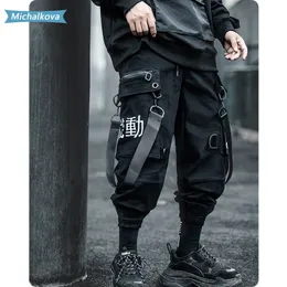 Multi Pocket Hiphop Herrkläder Broderi Ribbon Elastic Waist Harajuku Streetwear Joggare Byxor Techwear Byxor Michalkova LJ201007