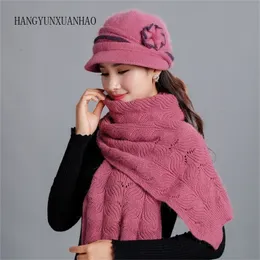 Hangyunxuanhao шерстяные меховые кролики вязаная шапка Fedora широкий досрочный винтаж мода женщины шляпы зимние шеи теплые кепки с шарфом y201024