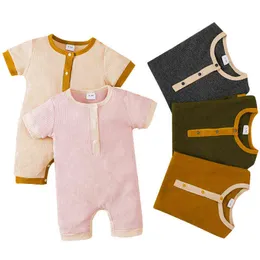 Lioraitiin 0-18m Nyfödd spädbarn Baby Boy Girl Summer Romper Kortärmad Bomull Soft Solid Jumpsuit Casual Clothing G1221