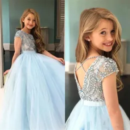 Shiny Criss Cross Backless Little Girl Pageant Birthday Gowns with Beaded Rhinestone Short Sleeves Flower Girls' Dresses for Weddings AL7813