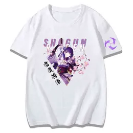 Genshin Impact Raiden Shogun Tshirt Kvinnor Casual Summer Tees Girls Plus Size Tshirts White Tops Kortärmad 100% bomullskjortor G220310