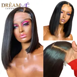 New brazilian hair lace Front Closure Short Bob Wig 250%Density Blunt Cut Straight synthetic Wig Preplucked