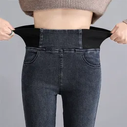 Byxor plus storlek 26-34 slim jeans för kvinnor mager hög midja kvinna blå denim penna stretch grundläggande 220310