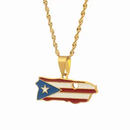 Heart Puerto Rico Map Flag Pendant Necklaces Gold Color PR Enamel Jewelry Gift