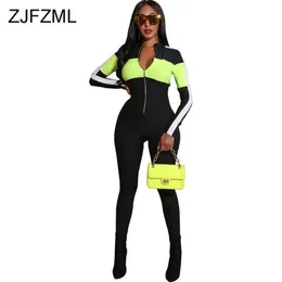 Neon Stripes Sexy Skinny Complessivo per le donne a maniche lunghe Cerniera frontale Bodycon One Piece Tute Plus Size Bandage Party Pagliaccetti T200509