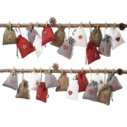 Jul Advent Calendar Väskor Set 24 dagar Burlap Gift Drawstring Väskor DIY Juldekoration med clips jk2011kd