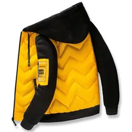 Nya vinter män Parka Casual Jacket Fashion Färg Patchwork Outwear Tjockerad och varm hooded Coat Slim Fit Dropshipping MF9 201218