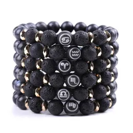 12 Constelações Pulseiras Vulcânicas Lava Rock 7 Chakra Bead Bracelete Aromaterapia Essencial Difusor Difusor Bangle para Homens Mulheres