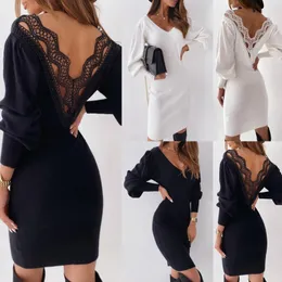 Casual Dresses Women Designers 2021 Autumn Winter Flared Sleeved Sweater V-Neck Warm Open-Back Lace Dress Sweatshirt Party Black White