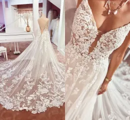 BH Beach Wedding Dresses Bridal Gwn Lace Applique Chapel Train V Neck Straps Tulle Sexig Backless Vestid De Nvia Plus Size Custm Made 403 Estid Estid Estid