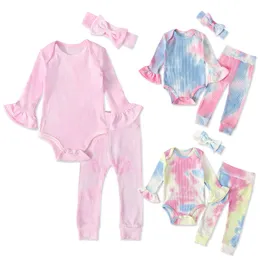 2020 New Ins Baby Tie Dye Zestaw Odzieży Kids Flare Rękaw Romper + Spodnie + Opaski 3 sztuk / zestaw butików Pit Dziecięcy Niemowlęta Outfits M2905