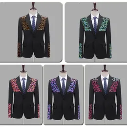 Mäns Sequins Blazers Stage Costume Splicing Glitter Tuxedo Slim Coat Bar Nattklubb Sångare Värd Prestanda Kläder Man Group Chorus Suit Jackor Party Show