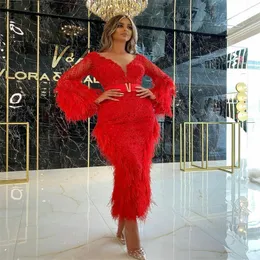 Роскошные перо красные вечерние платья с длинными рукавами Полное аппликация русалка по выпускным платью выпускного вечера Sexy V шеи разведка на заказ