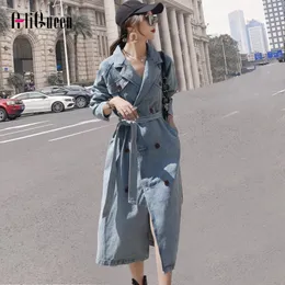 Höst Koreansk Denim Trench Coat för Kvinnor Sashes Slim Turn Down Collar Streetwear Vintage Jeans Långrockar Outwear Windbreaker T200828