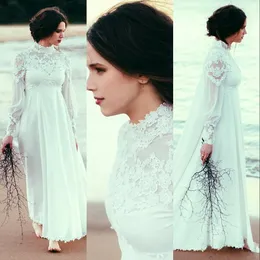 2021 Cheap High Neck Beach A Line Wedding Dresses With Long Sleeve Lace Empire Waist Country Bohemian Pregnant Bridal Wedding Gowns Cheap