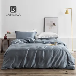 Lanlika Luxury Gray 100% Natural Silk Bedding Set 25 Momme Home Decor Bedspread Queen King Duvet Cover Flat Sheet Pillowcase T200706