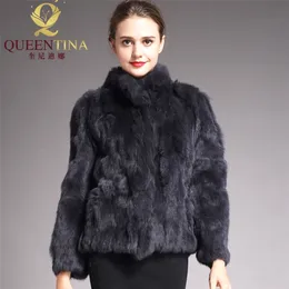 Alta Qualidade Casaco de Pele Real Moda Genuíno Coelho de Pele de Coelho Casaco Elegante Mulheres Outwear Outwear Carrinho Rabbit Fur Com Jacket 201215