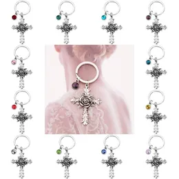 Kreatywny Róża Krzyż Keychain Z 12 Birthstones Biżuteria Memorial Prezenty Torba Wisiorek Klucze Łańcuchy Religijne Breloki Chrześcijańskie