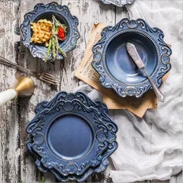 Niebieski i biały Antique Relief Ceramiczny Obiad Zestaw Porcelanowy Danie Główne Danie Deserowe Desery Sałatka Dishes Tableware 1 pc 201217