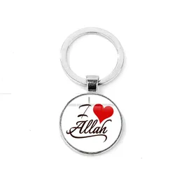 Keychains Lanyards Islamiska hänge Keychain Arab Religiös Muslim Symbol 11 Styles Key Ring Chain Handgjorda glas Runda män Kvinnor gåva Y5U4