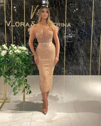 Sparkly Champagne Sequins Tea Length Evening Dresses Sheath Feather V Neck Short Prom Dress Glitter Pageant Party Gowns For Women Girls Special Ocn Wear
