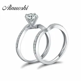 AINOUSHI 925 Sterling Silber 4 Zinken Verlobungs-Brautring-Sets 1 Karat Sona Rundschnitt Damen Anillo de boda Brautring-Sets Y200106