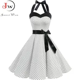 Kvinnor Polka Dot Print Sommarklänning Sexig Retro Vit Halter Vintage Plus Storlek Robe Femme Pin Up Rockabilly Party 220308