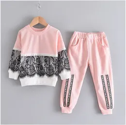 2021 New Spring Autumn Girls Tracksuit Kläder Stickar Barn Långärmad Lace Stitching Sweatshirt + Byxor 2st Set Barn kostym Barnkläder