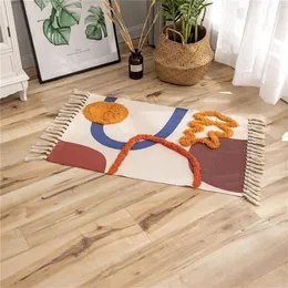 Retro Bohemian Handvävt bomullslinne Mattor Marocko Tryckt område Mattor Tufted Tassels med Anti Skid Pad Kasta Rug Bath Doormat 201214