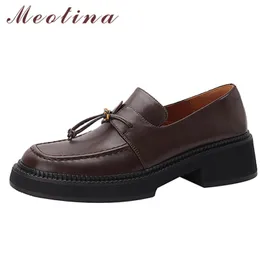 ドレスシューズMeotina Loafers女性純正レザーミッドヒール弾性バンドポンプ厚いかかとフットウェア女性春ブラウン40