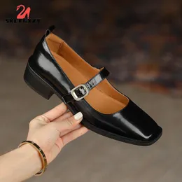 Dress Shoes 2022 Genuine Leather Women Fashion Mary Janes Pump Square Toe Slip-On Casual Thick Heel Handmade