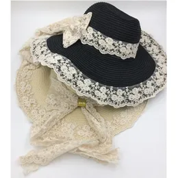 New Summer Women Floppy Straw Sun Hat With Lace Bow Wide Large Brim Lace Caps Fashion Beach UV Protection Hats Y200714