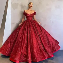 Sparkly Red Sequined Quinceanera Dresses Off Shoulder Sweetheart Neck Ball Gown Prom Dress Graduation Party Gowns