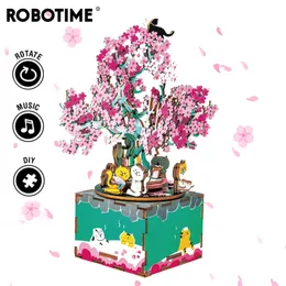 Robotime 148pcs回転式DIY 3D桜の木の猫木製パズルゲームの組み立てのオルゴールのおもちゃの贈り物子供大人AM409 201218