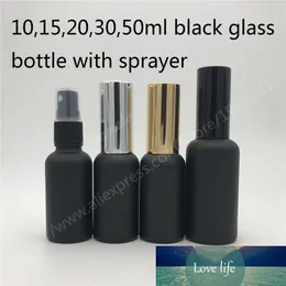 200pcs / lote 10ml, 15ml, 20ml, 30ml, 50ml frasco de pulverização de vidro vazio preto fosco com pulverizadores de névoa fina para óleo essencial