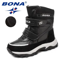 BONA Ankunft Classics Stil Kinder Stiefel Haken Schleife Jungen Winter Schuhe Runde Kappe Mädchen Schnee Licht 211227