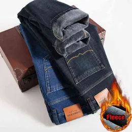 Zimowa Biznes Męska Plus Velvet Jeans Classic Style Regular Fit Fleece Grube Ciepłe Dżinsy Spodnie Męskie Spodnie Marka Czarny Blue G0104