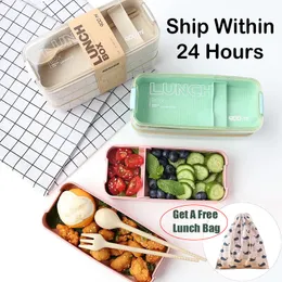 900ml bärbar hälsosam materiell lunchlåda 3 lager Vete halm Bento Boxes Mikrovågsugn Skrivare Mat Förvaring Container FoodBox LJ200826