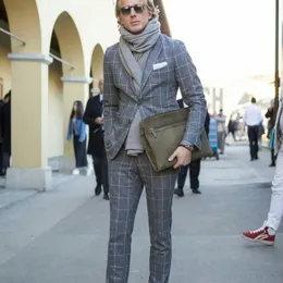 Gray Check Woolen Mens Coat Garnitury Plus Rozmiar Dwa Przycisk Groom Najlepszy człowiek Coat Formalne Business Wedding Blazer 2 sztuki (Kurtka + spodnie)