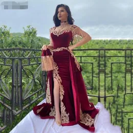 Luxury Arabic Mermaid Velvet Evening Dresses With Detachable Train Side Split Applique Lace Prom Gowns High Neck Tassel Algerian O279J