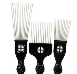 Fist Afro Stianless Steel Wide Pick Metal Hair Plast Comb Handle Brush Tänder Svart med SQCIT BABYSKIRT