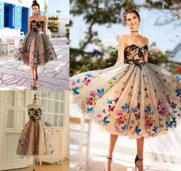 champagne glaring 2020 Colorful butterfly short prom gowns sweetheart corset back black lace applique evening gowns vestidos fiesta