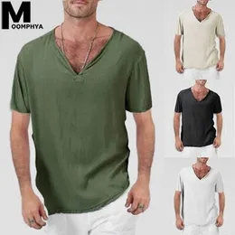 moomphya 남자 옷 2020 린넨 캐주얼 V 넥 짧은 소매 티셔츠 남성 편안한 느슨한 스타일 티셔츠 여름 일반 티셔츠