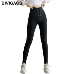 Bivigaos outono nova cashmere cashmere cintura elástica cordão de nylon leggings veludo leggings quentes cintura de inverno cintura 201027