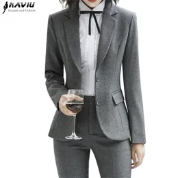 Naviu Yeni Moda 2 Adet Set Kadın Pantolon Suit Ince İş Giyim Ofis Bayanlar Uzun Kollu Blazer ve Pantolon Kıyafetler 200923