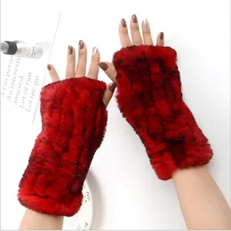 Women's 100% Real Genuine Knitted Rex Rabbit Fur Winter Fingerless warm soft Gloves Mittens Arm Sleeve 201021