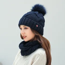 Dzianinowy zimowy kapelusz i szalik kobiety grube ciepłe czapki kapelusz szalik samica dla dziewcząt pom pomys beain kapelusze solidne kolor y201024