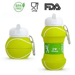 Neuheit Tennis Sport Wasserflasche mit Strohhalm, umweltfreundlicher Kunststoff, auslaufsicher, faltbar, tragbar, 550 ml, Y200330