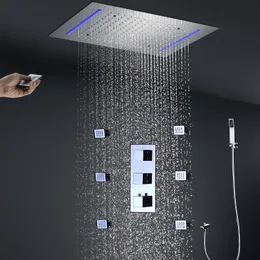 Bathroom Ceiling LED Shower Set Rainfall ShowerHead Panel 20x14inch Thermostatic Diverter Mixer Faucets With Body Massage Jets